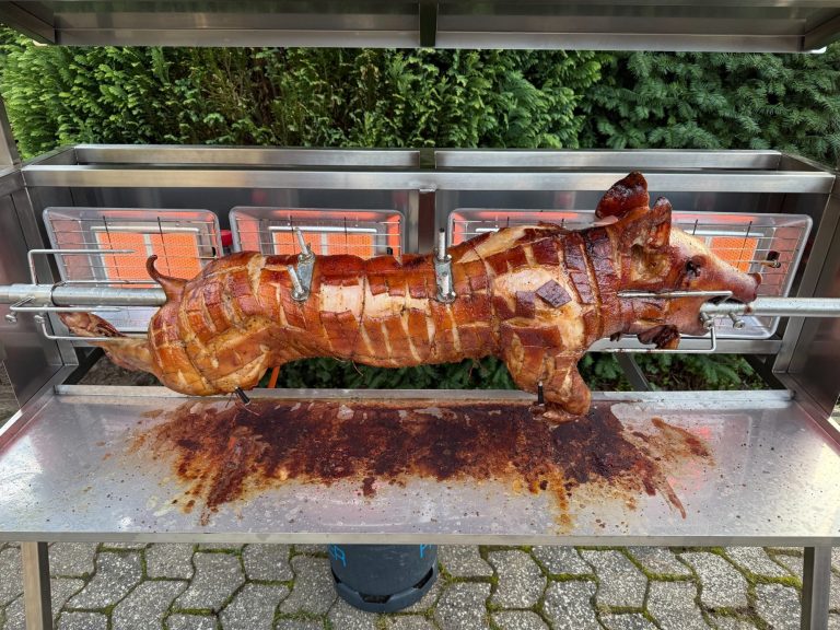 Drehspieß mit einem gepökelten und knusprigen Spanferkel im Freien.